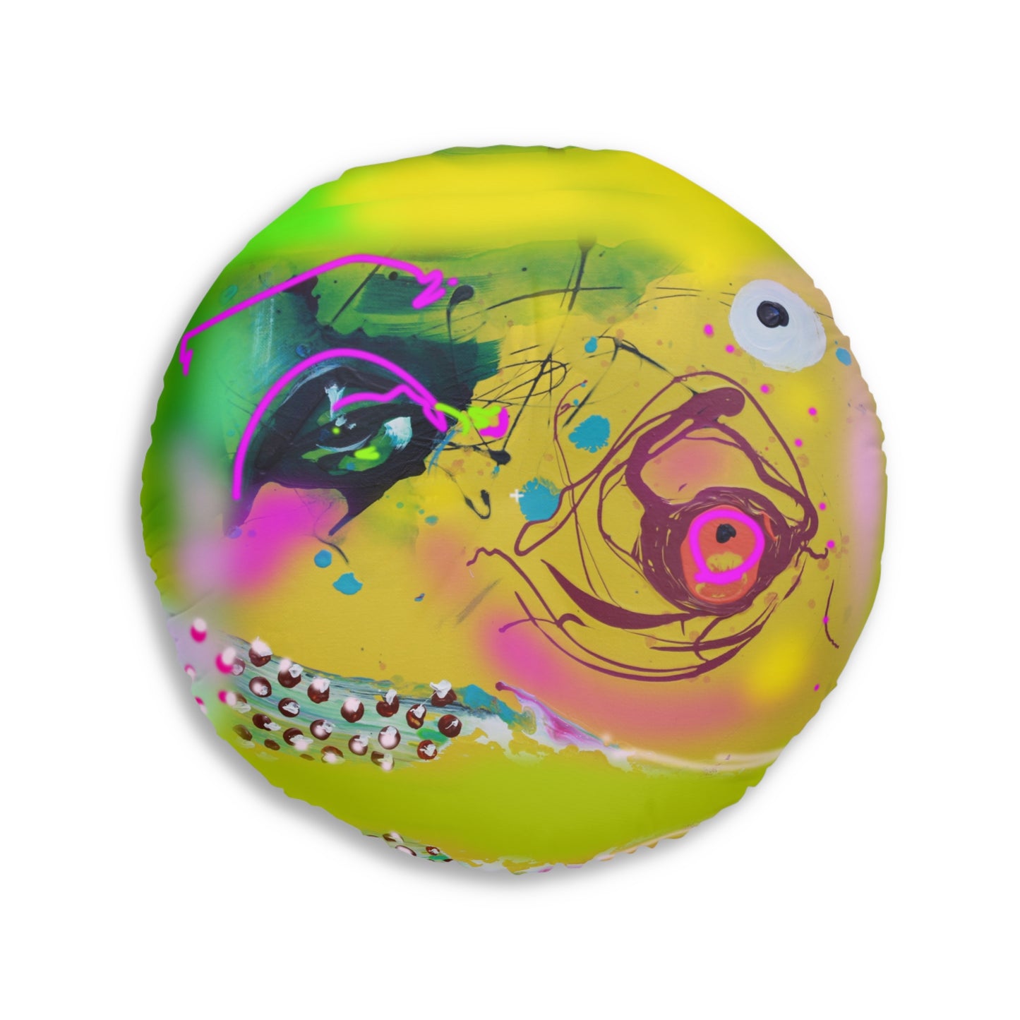 Lebendiges, rundes, getuftetes Bodenkissen mit abstraktem Kunstdesign