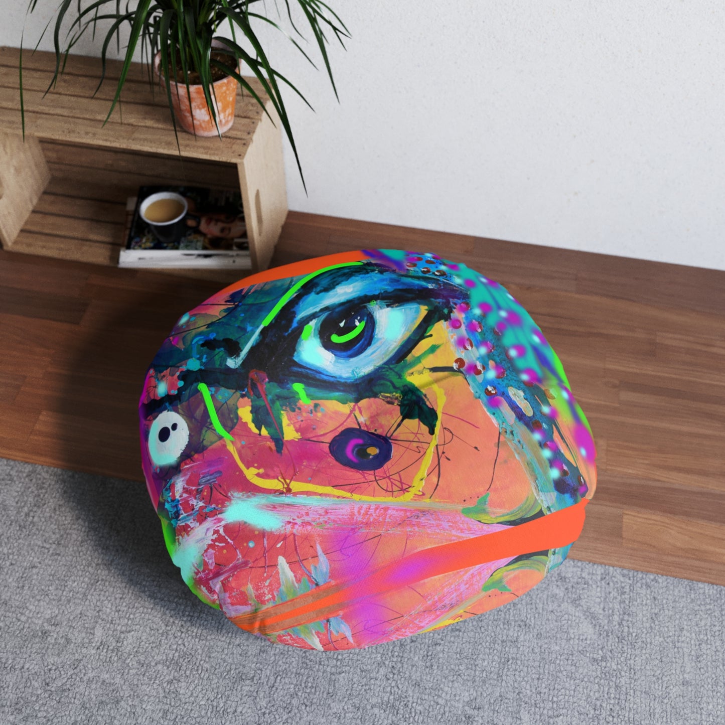 Lebendiges, künstlerisches getuftetes Bodenkissen – rundes abstraktes Design für modernes Bohemian-Dekor