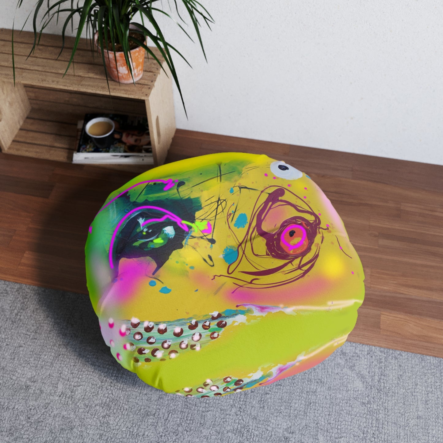 Lebendiges, rundes, getuftetes Bodenkissen mit abstraktem Kunstdesign