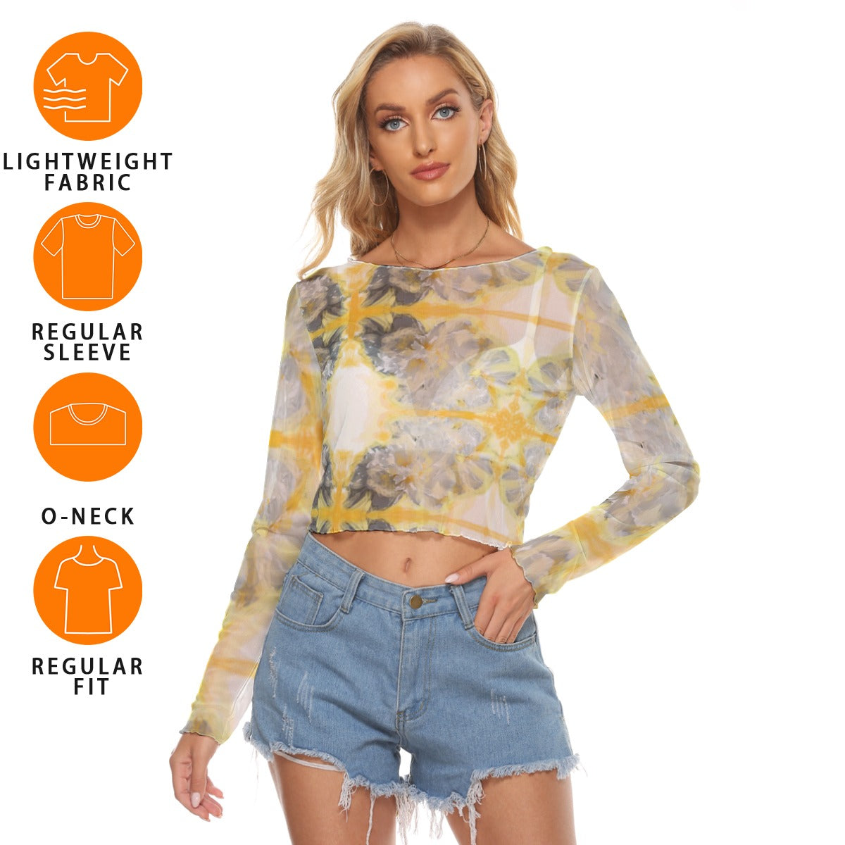 Mesh-Langarm-T-Shirt für Damen