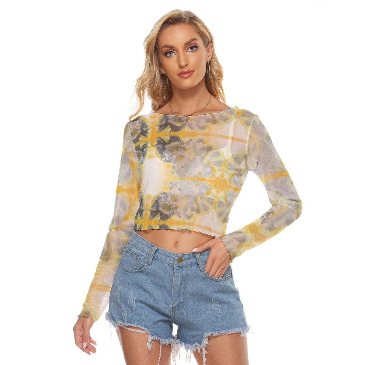 Mesh-Langarm-T-Shirt für Damen