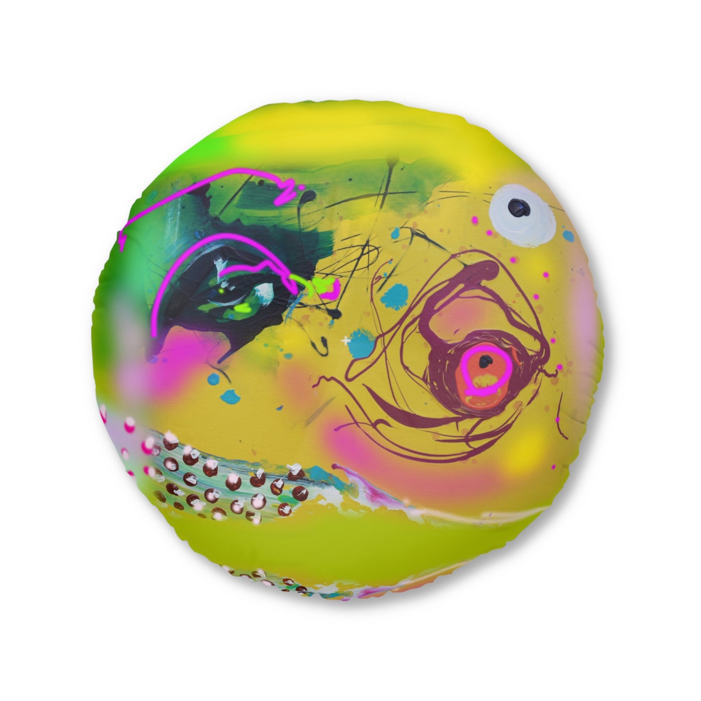 Lebendiges, rundes, getuftetes Bodenkissen mit abstraktem Kunstdesign