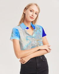 Blue Women's Short Sleeve Button Up