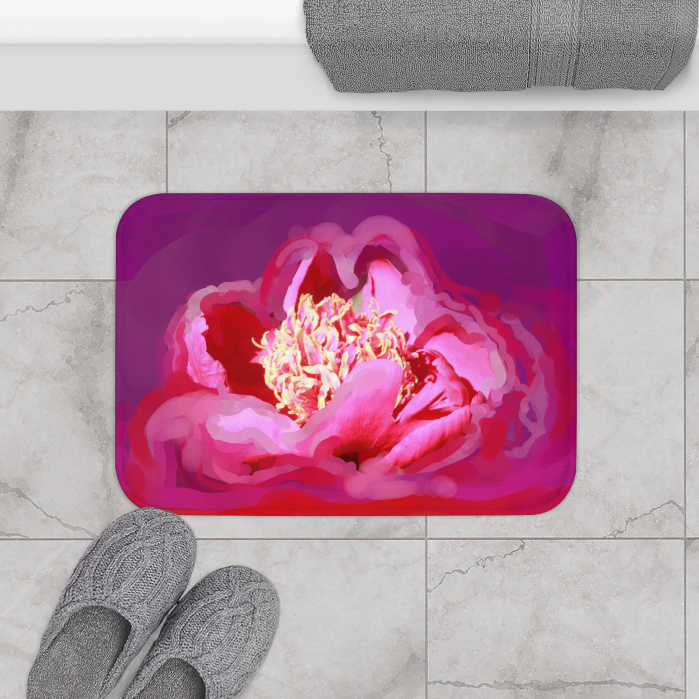 Floral Elegance Bath Mat - Vibrant Pink Peony Design for a Luxurious Bathroom Upgrade