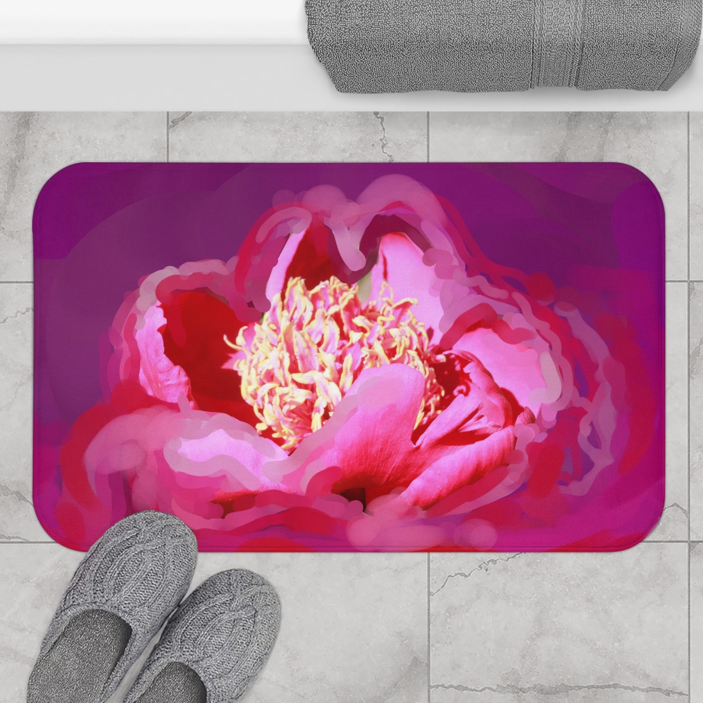 Floral Elegance Bath Mat - Vibrant Pink Peony Design for a Luxurious Bathroom Upgrade