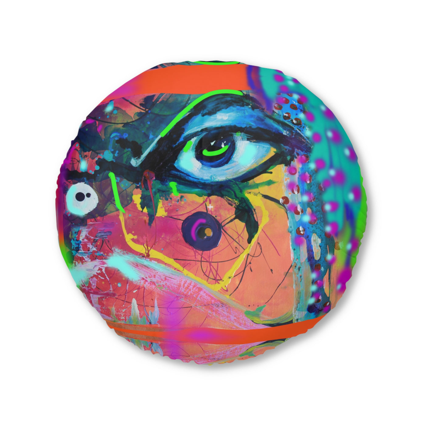 Vibrant Artistic Tufted Floor Pillow – Round Abstract Design for Modern Bohemian Decor