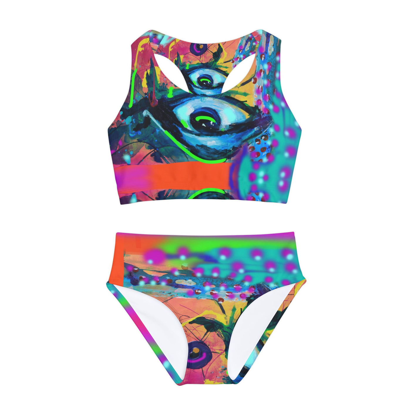 Colorful Eye-Design Girls Two Piece Swimsuit - Trendy & Fun Swimwear for Summer Adventures