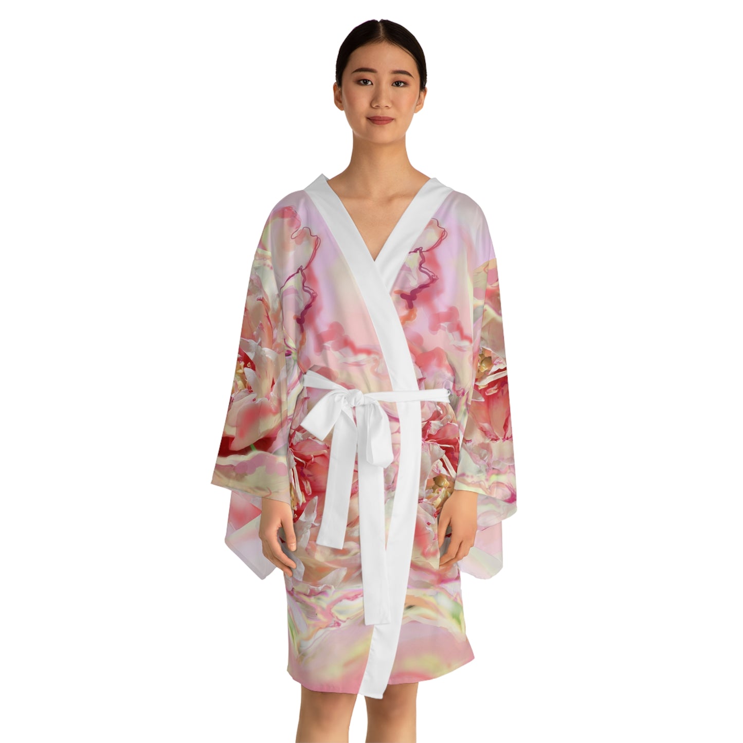 Langärmliger Kimono-Bademantel mit Blumenmuster in Rötönen – Elegante Loungewear für Spa-Tage, Partys und Entspannung 