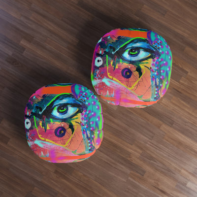 Vibrant Artistic Tufted Floor Pillow – Round Abstract Design for Modern Bohemian Decor