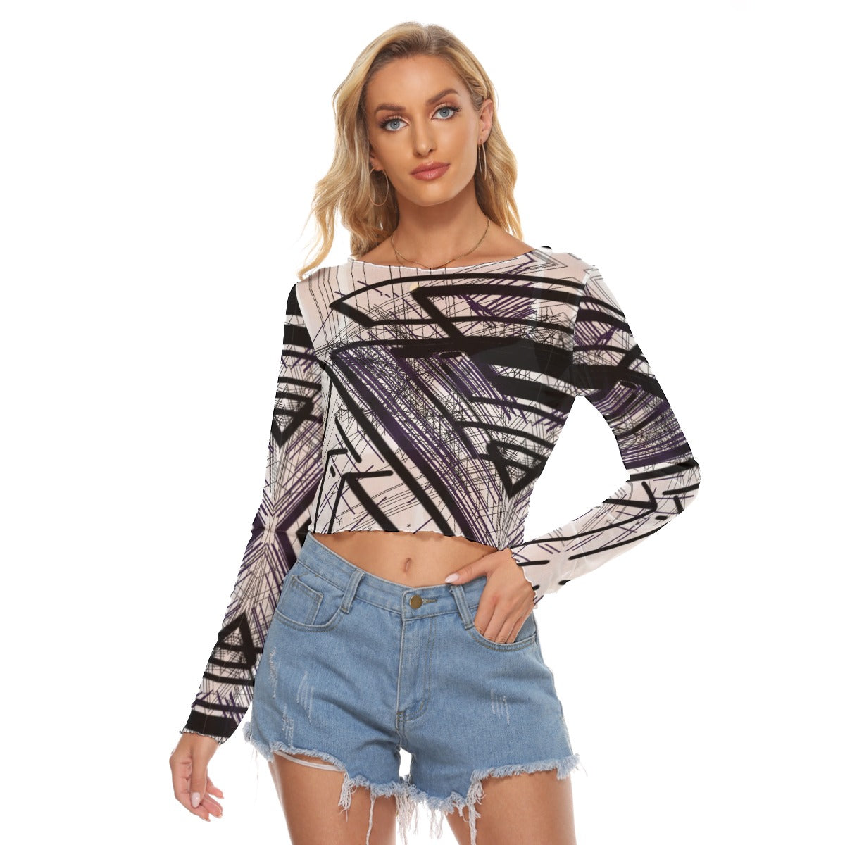 Mesh-Langarm-T-Shirt für Damen