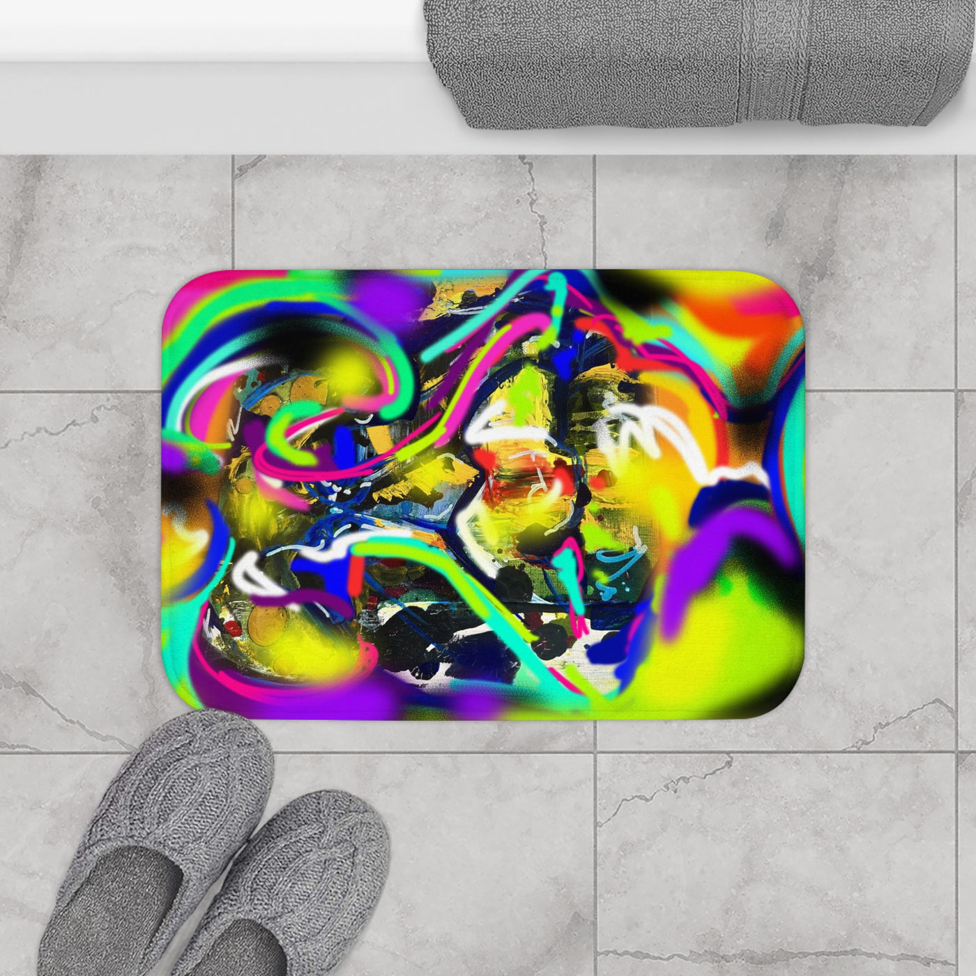 Vibrant Abstract Bath Mat – Colorful Shower Rug for Modern Bathrooms