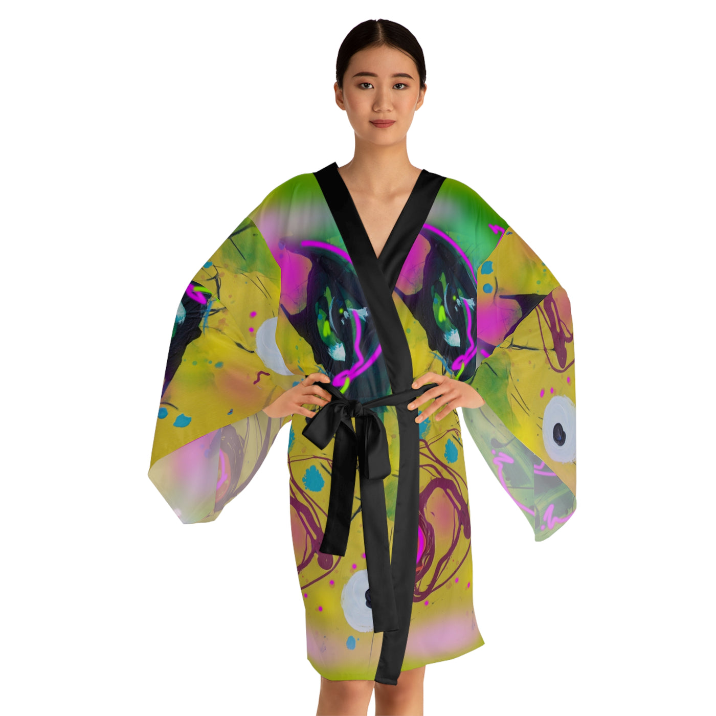 Vibrant Artistic Long Sleeve Kimono Robe - Colorful Abstract Design for Relaxation & Style
