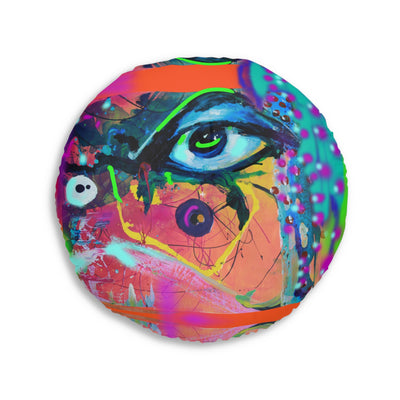 Vibrant Artistic Tufted Floor Pillow – Round Abstract Design for Modern Bohemian Decor
